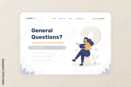 Online question illustration on FAQ website page template