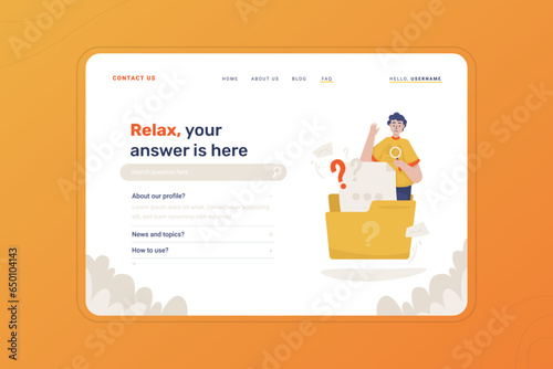 FAQ page with question folder illustration on landing page template