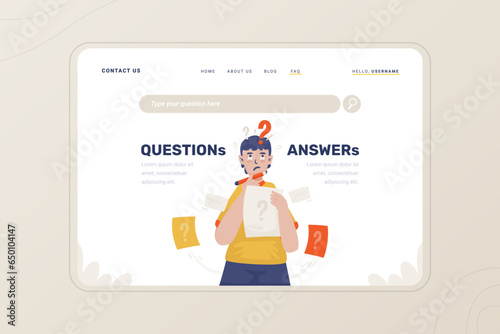 Question answer illustration on header FAQ website page template