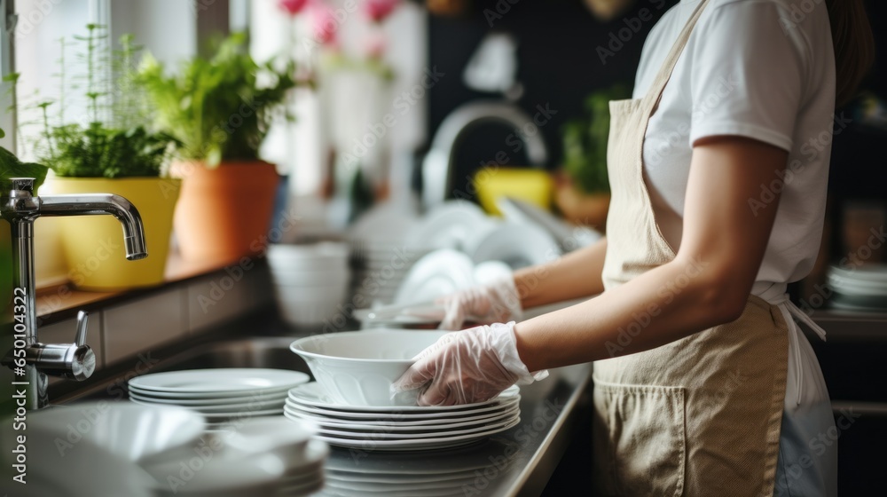 Daily Chores: Close-up of a Woman Engaged in Dishwashing