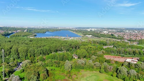 Torcy, France: Aerial view of lake Lac de Vaires-sur-Marne, sunny summer day with clear blue sky - landscape panorama of Europe from above
 photo