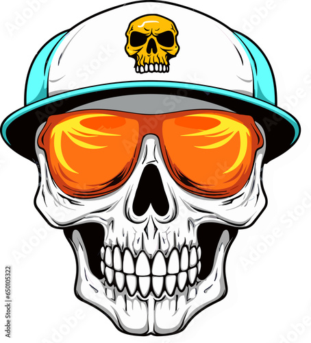 Funny cartoon skull character in baseball cap in sun glasses and flames, vector