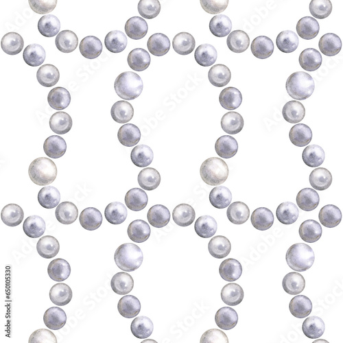 Seamless pattern of a glamour, marine, tropical theme. Shiny pearls. Watercolor hand drawn illustration. On white background. For decoration and design.