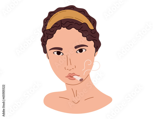 Head of a young cartoon woman with a cigarette. Portrait of a beautiful modern girl smoking. Bad habits concept. Vector isolated flat illustration.