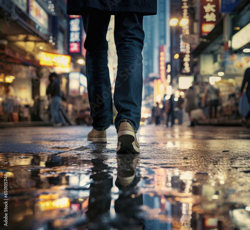 close up feet wearing sneakers, walking on the street.