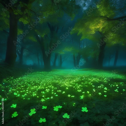 A field of glowing, bioluminescent clovers that respond to the presence of fairies with an enchanting dance2