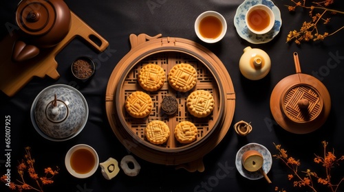 Minimalist Mid-Autumn Tea Party: Top View of Mooncake and Tea Table in Stylish Simplicity