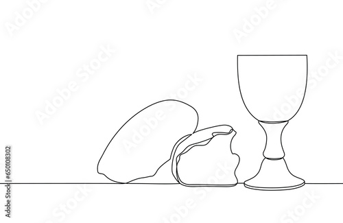 Freehand drawing with one continuous line. Cup of wine and bread for the Lord's supper