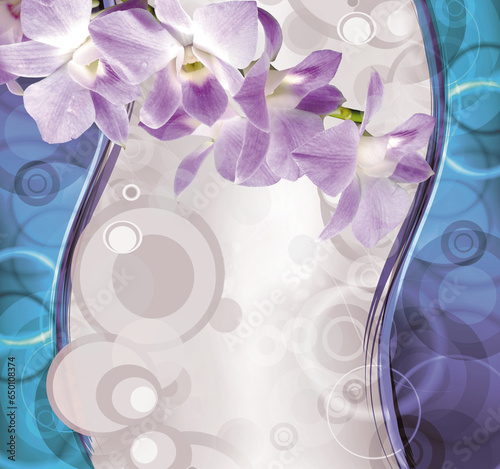 Composition of an orchid branch on a blue-purple background with a lot of hoops 