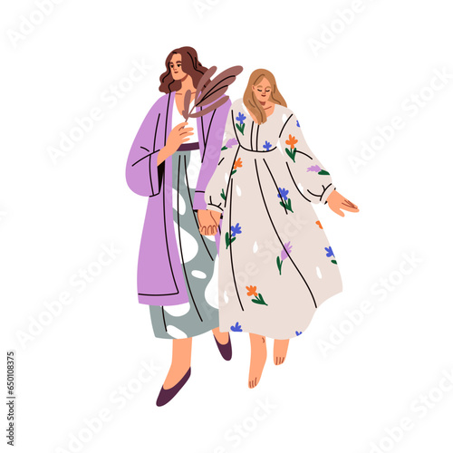 Girls couple walking together, holding hands. Young women friends in romantic dresses, feminine outfit. Females in stylish spring clothes. Flat graphic vector illustration isolated on white background