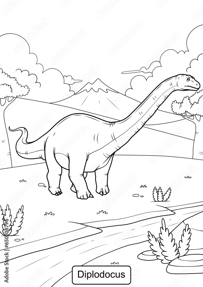 Poster Diplodocus Dinosaur line art for coloring page vector