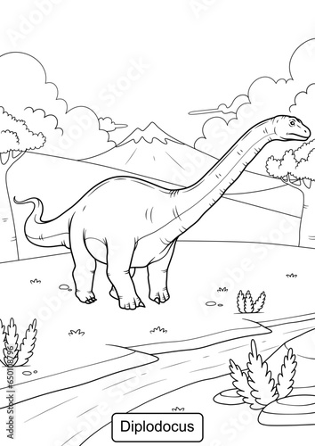 Diplodocus Dinosaur line art for coloring page vector illustration