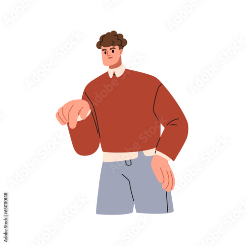 Business person indicating, pointing down with index finger. Office worker, e...