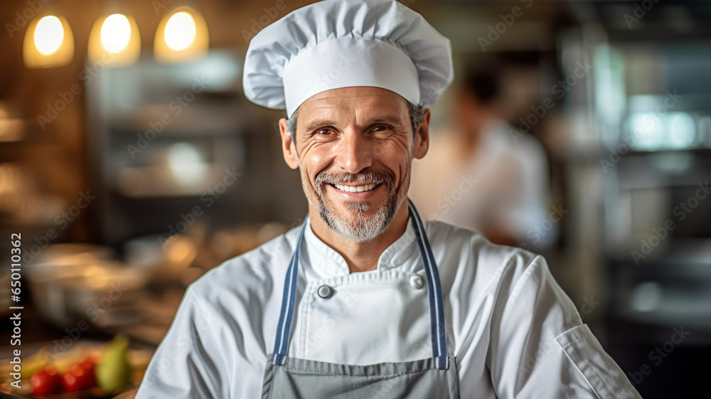 A smiling male chef in the kitchen.