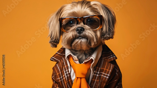 Shih Tzu dog wearing funky fashion dress and glasses. Dog posing as model. © Melipo-Art