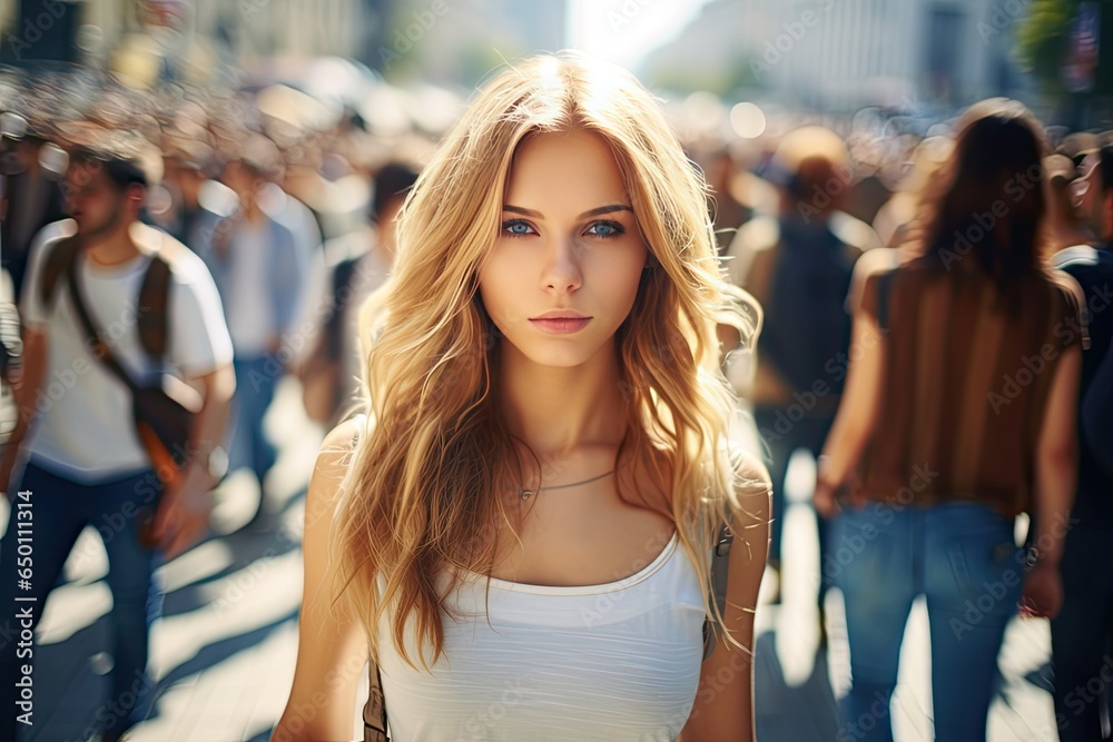 Happy and attractive young woman on a sunny city street among people, exuding casual and modern style.