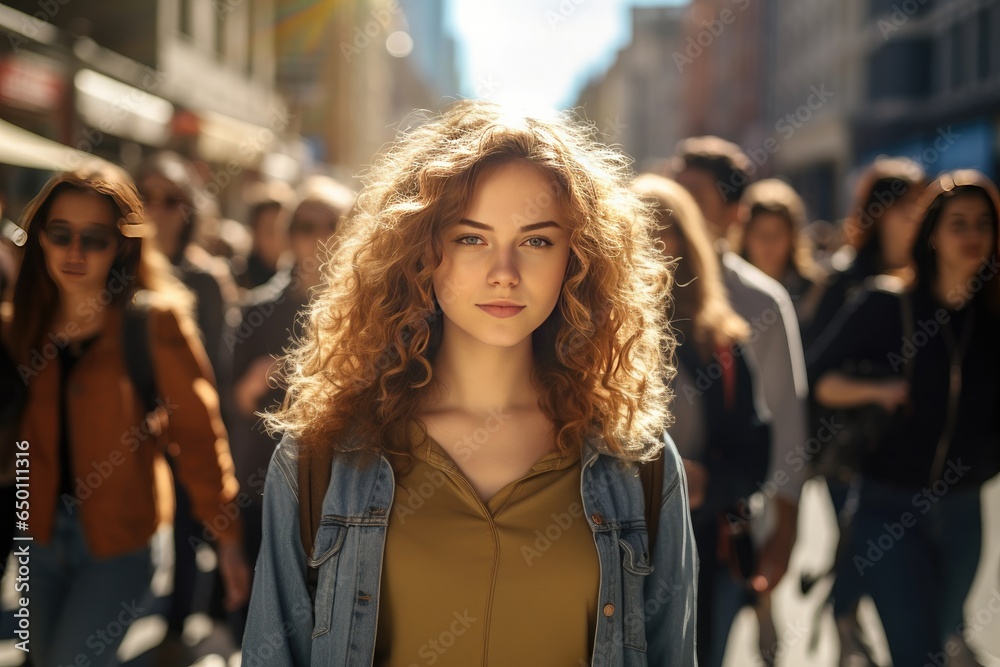 Stylish young woman with curly hair radiating happiness while walking around the city on a sunny day.