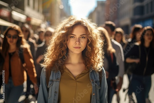 Stylish young woman with curly hair radiating happiness while walking around the city on a sunny day.