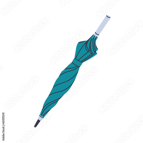 Folded closed straight umbrella for rainy weather. Rain protection accessory, tied with strap, long stick, pole handle. Flat vector illustration isolated on white background