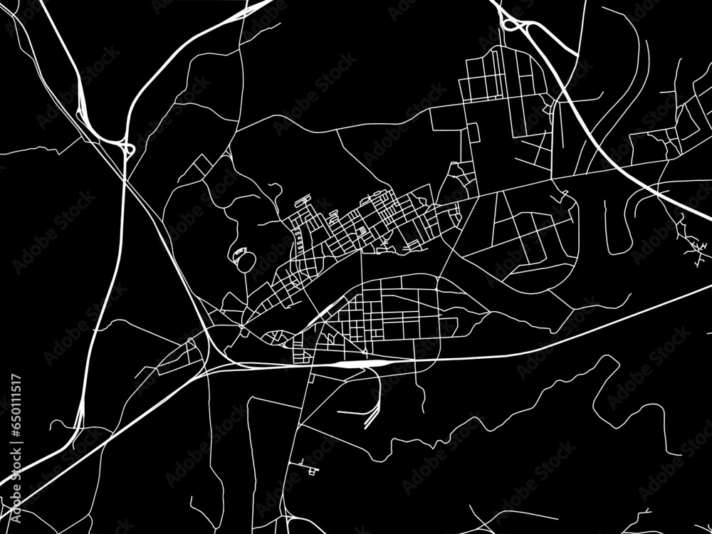 Vector road map of the city of  Eisen in the South Korea with white roads on a black background.