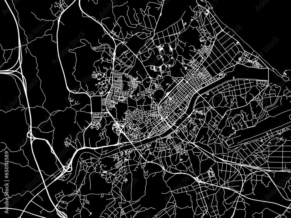 Vector road map of the city of  Gangneung in the South Korea with white roads on a black background.