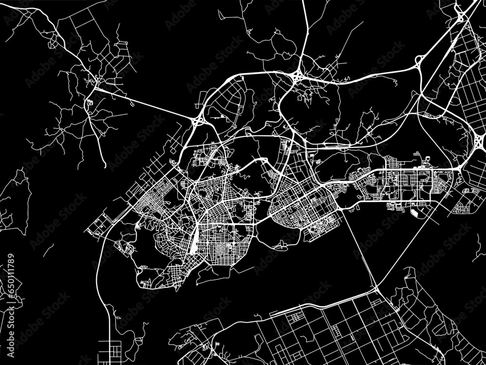 Vector road map of the city of  Mokpo in the South Korea with white roads on a black background.