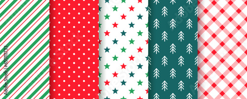 Xmas seamless pattern. Christmas, New year backgrounds. Prints with candy cane stripes, polka dots, trees, stars and checkered. Set red green textures. Festive wrapping paper. Vector illustration