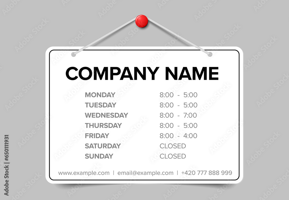 Shop opening time hours vector template on white sign board