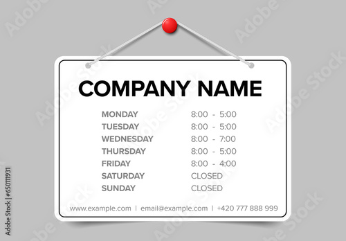 Shop opening time hours vector template on white sign board
