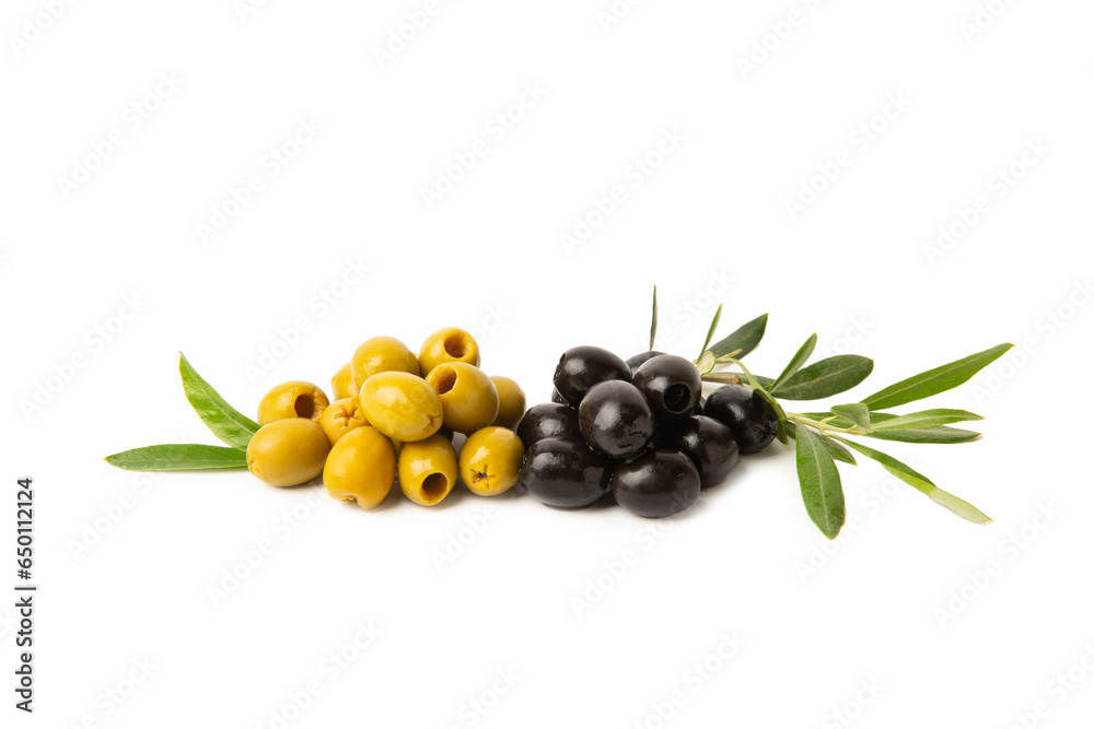 Set of green and black olives isolated on white background. Various types of olives and fresh olive leaves. flat lei. Delicacy. Close-up. Set of green and black olives isolated on white background. Various types of olives and fresh olive leaves. flat lei. Delicacy. Close-up.