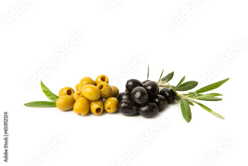 Set of green and black olives isolated on white background. Various types of olives and fresh olive leaves. flat lei. Delicacy. Close-up.