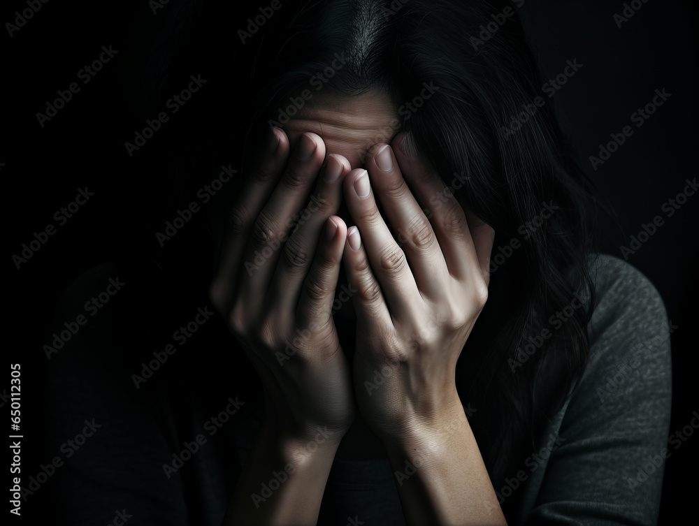 Close-up of a person's hands, cradling their head, amidst a dimly lit room. Their eyes hint at exhaustion, symbolizing the weight of anxiety and depression. - obrazy, fototapety, plakaty 