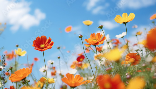 colorful flowers on blue sky background