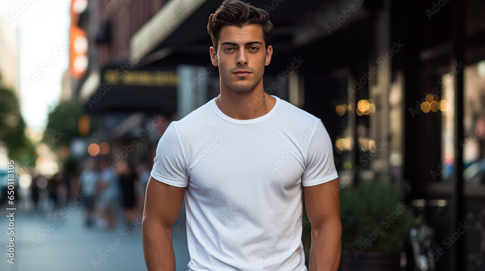 Stylish Male Model Sporting a Classic White Cotton T-Shirt on a Urban Street. T-Shirt mock-up. Stylish Male Model Sporting a Classic White Cotton T-Shirt on a Urban Street. T-Shirt mock-up.