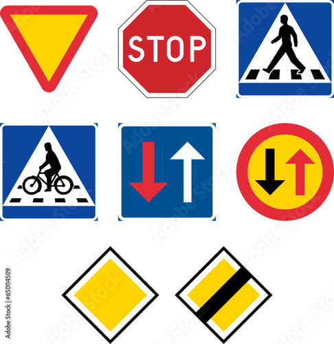 Priority signs, Road signs in Sweden, Give way (Yield), Pedestrian crossing, Priority road, End of priority road, Oncoming vehicles, over oncoming vehicles, Bike crossing