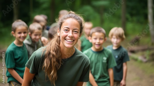 Joyful Camp Adventures: Cheerful Young Female Counselor with Kids on Forest Green Background