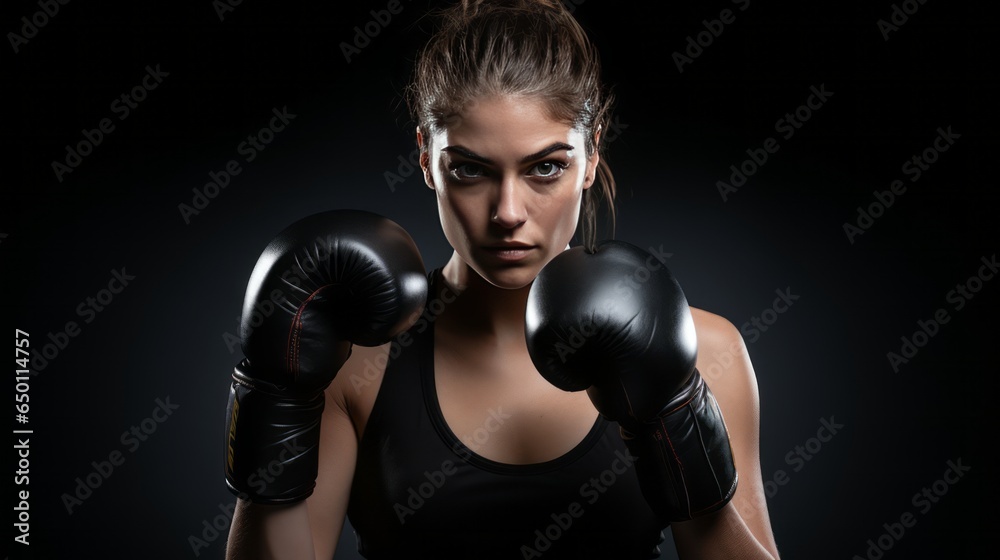 Fierce and Determined: Young Female Boxer in Sportswear with Gloves on Black Background