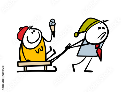 Funny disgruntled stickman in a business suit is driving cartoon fat woman with ice cream on a sled. Vector doodle illustration of couple and romantic date at winter.