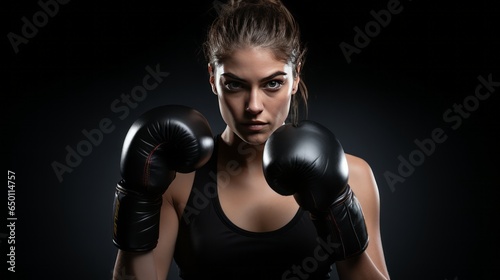 Fierce and Determined: Young Female Boxer in Sportswear with Gloves on Black Background © danter