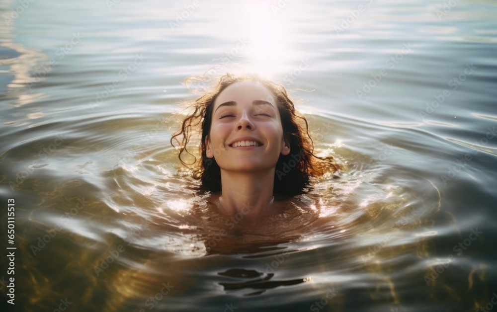 Baptism. Portrait of a smiling young woman in the water. Scene in sunny day