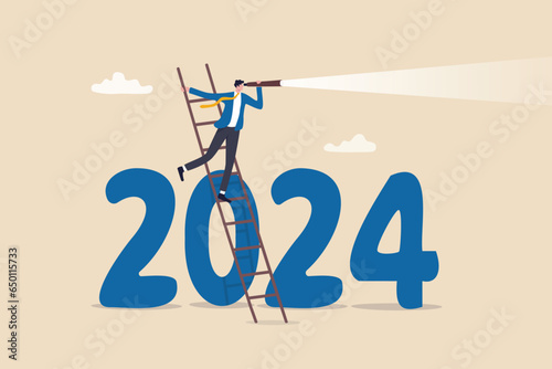 Year 2024 business outlook, forecast or plan ahead, vision for future success, new year goal or achievement, company target or hope concept, businessman climb up on year 2024 to see business outlook. photo