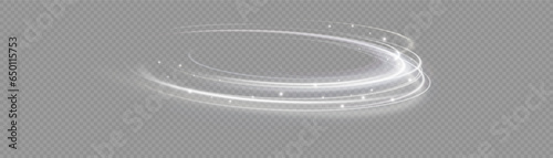 White shiny sparks of spiral wave. Curved bright speed line swirls. Shiny wavy path. Magic golden swirl with highlights. Glowing swirl bokeh effect.