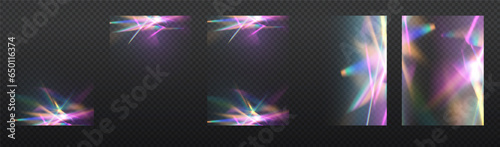 Crystal rays of light, prism refraction, lens flare, crystal glass reflection effect. Prism vector, realistic light leak effect with spectral flare. Bright light banner, poster, template.