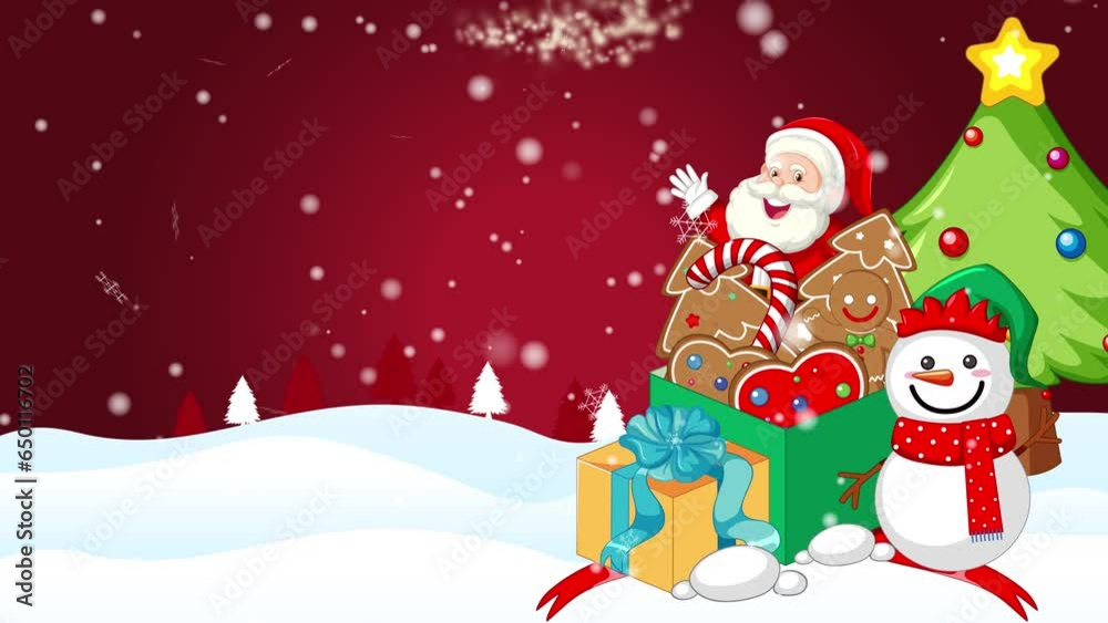 Santa Claus warmly greets Merry Christmas against a snowy red background. Santa Claus warmly greets Merry Christmas against a snowy red background.