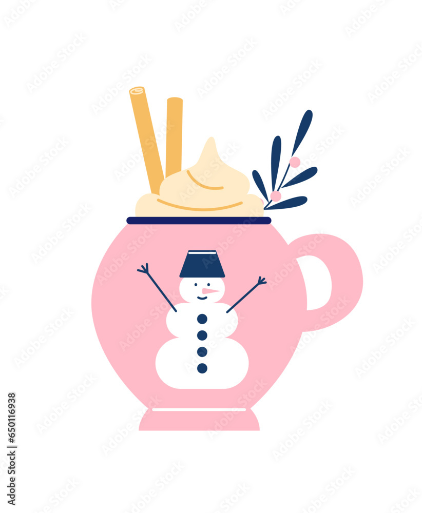 Fototapeta premium Pink mug with hot drink and cinnamon. Christmas and New year season. Winter beverage. Coffee, chocolate, marshmallow, cocoa. Retro vintage nostalgia.