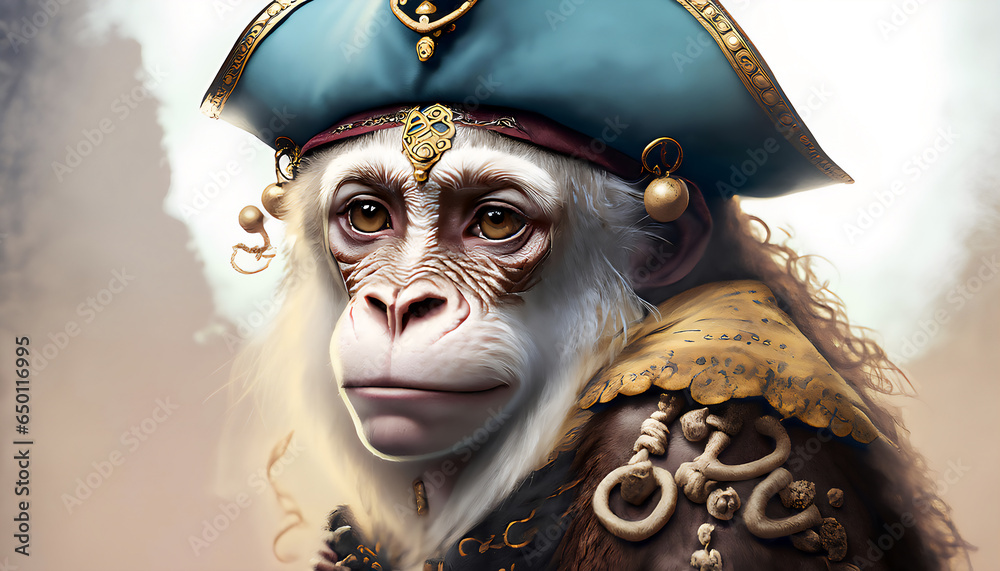 Fototapeta premium Portrait of a monkey pirate. Medieval pirate monkey in a vintage costume.