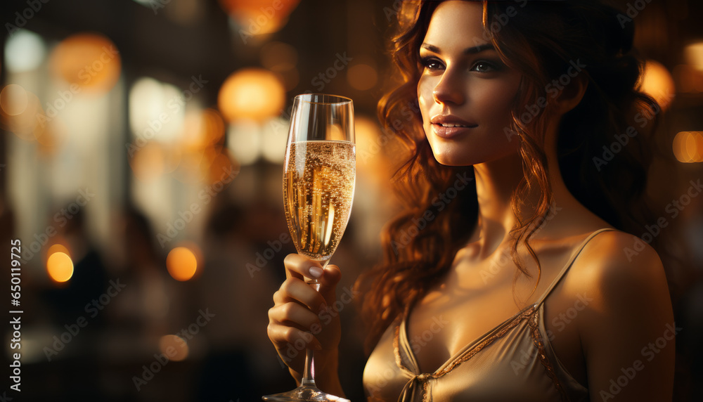 a blurred woman toasting with champagne glass. - obrazy, fototapety, plakaty 