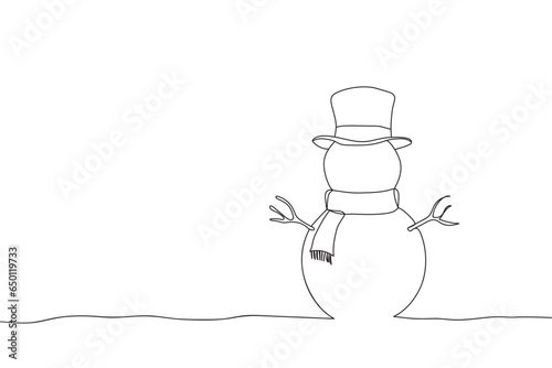 Continuous line drawing of snowman christmas and new year. One line art concept of christmas and happy new years greeting card. Vector illustration.