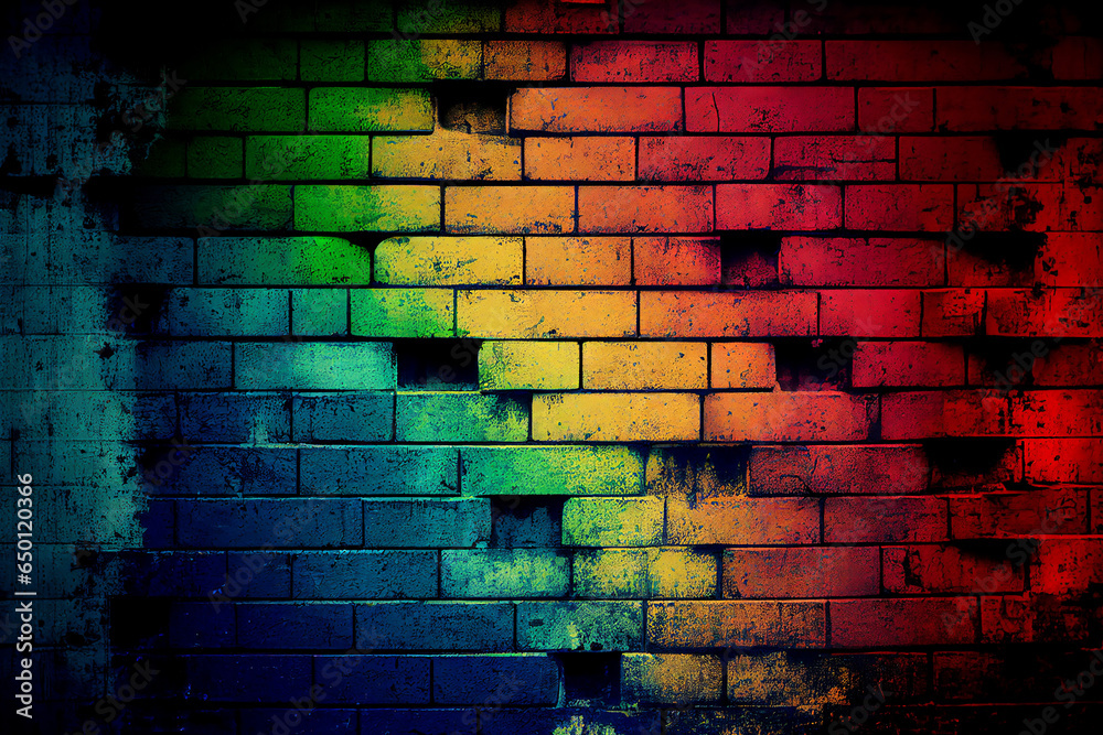Brick wall with abstract background colours of the Pride flag, the rainbow symbol of  homosexual gay lesbian bisexual and transgender LGTB community, Generative AI stock illustration image - obrazy, fototapety, plakaty 