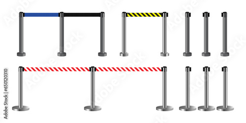 Portable Retractable Belt Barriers. Realistic black, blue, yellow and red retractable ribbon barrier. Crowd control barrier posts with Fillable strap. Queue Barriers for Crowd Control. Vector.